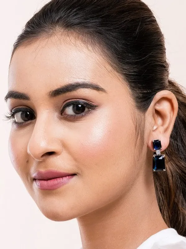 American_Diamond_Rhodium_Plated_Box_Shape_Earrings_With_Hydro_Cz_Stone_Blue