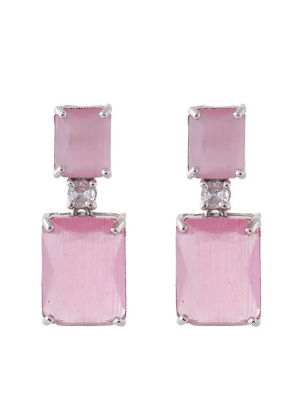 American_Diamond_Rhodium_Plated_Box_Shape_Earrings_With_Hydro_Cz_Stone_Pink