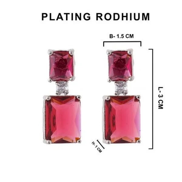 American_Diamond_Rhodium_Plated_Box_Shape_Earrings_With_Hydro_Cz_Stone_Red