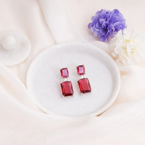 American_Diamond_Rhodium_Plated_Box_Shape_Earrings_With_Hydro_Cz_Stone_Red