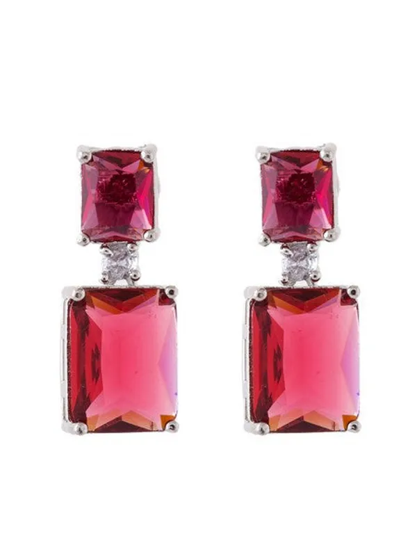 American_Diamond_Rhodium_Plated_Box_Shape_Earrings_With_Hydro_Cz_Stone_Red