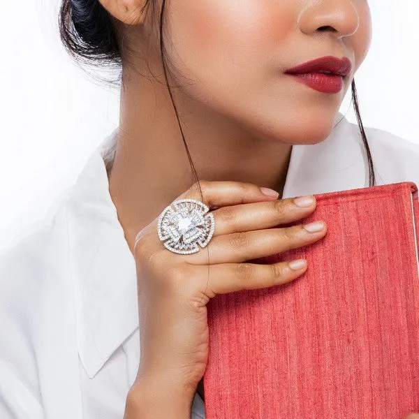 City_Girl_Brass_Rhodium_Plated_Cz_Cocktail_Circle_Ring_Free_Size_Clear_Stone_Default_Title