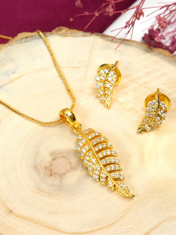 City_Girl_Cubic_Zirconia_24ct_Gold_Plated_Copper_Minimalist_Leaf_Pendant_Set_With_Mathcing_Earrings_For_Women_And_Girls_Ad_Lk_Set_005