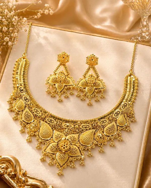 City_Girl_24k_Gold_Plated_Traditional_Necklace_Set_With_Matching_Earrings_Antique_Bridal_Choker_Jewellery_Set_For_Women_Girls