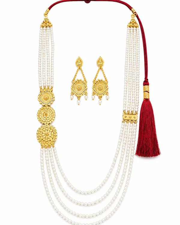 City_Girl_Traditional_Pearl_Layered_Necklace_Set_With_Earrings_30_Inch_Multi_Layer_Pearl_Mala_Gold_Plated_Ethnic_Jewellery_Set_For_Women_Adjustable_Dori_Wedding_Festive_Wear_Gold