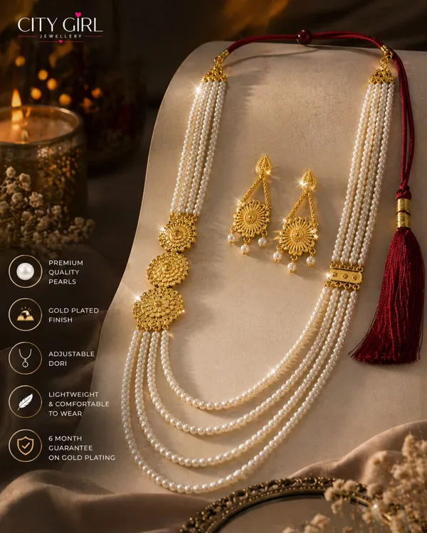 City_Girl_Traditional_Pearl_Layered_Necklace_Set_With_Earrings_30_Inch_Multi_Layer_Pearl_Mala_Gold_Plated_Ethnic_Jewellery_Set_For_Women_Adjustable_Dori_Wedding_Festive_Wear_White
