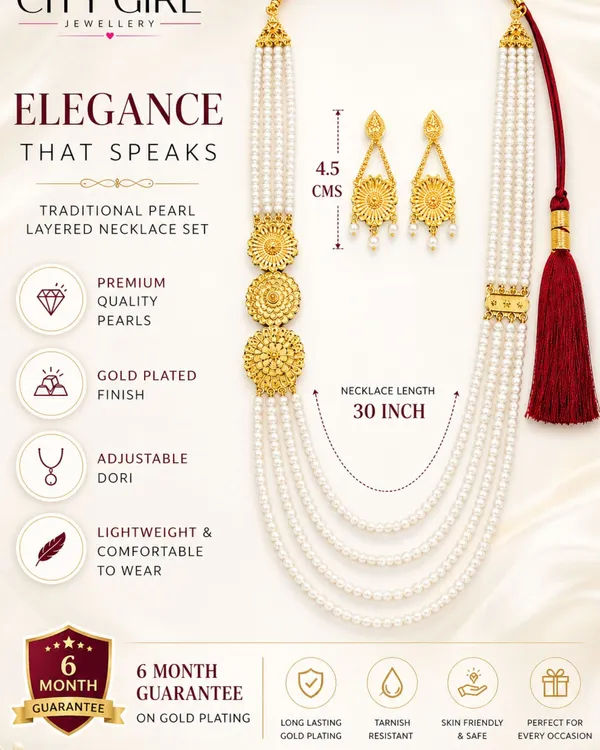 City_Girl_Traditional_Pearl_Layered_Necklace_Set_With_Earrings_30_Inch_Multi_Layer_Pearl_Mala_Gold_Plated_Ethnic_Jewellery_Set_For_Women_Adjustable_Dori_Wedding_Festive_Wear_White