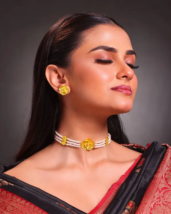 City_Girl_Gold_Plated_Pearl_Choker_Set_With_Rose_Design_3_Layer_Pearl_Choker_Necklace_With_Matching_Stud_Earrings_Adjustable_Chain_Elegant_Ethnic_Jewellery_For_Women_Gold