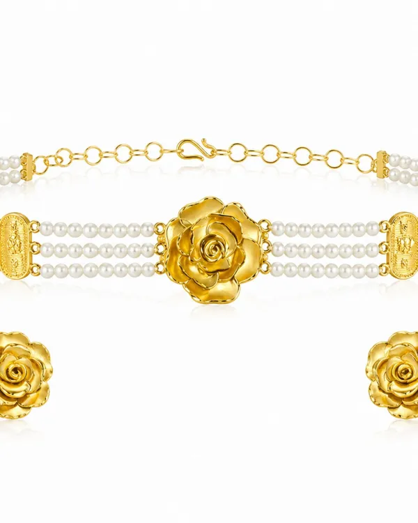 City_Girl_Gold_Plated_Pearl_Choker_Set_With_Rose_Design_3_Layer_Pearl_Choker_Necklace_With_Matching_Stud_Earrings_Adjustable_Chain_Elegant_Ethnic_Jewellery_For_Women_White