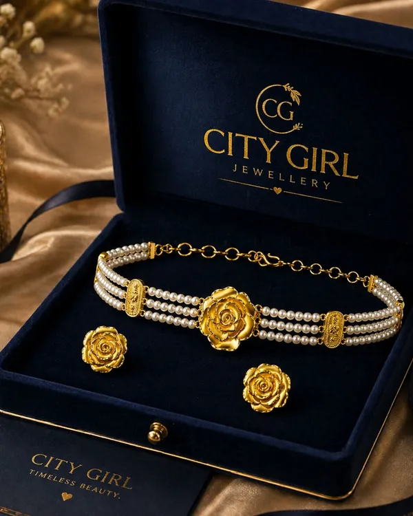 City_Girl_Gold_Plated_Pearl_Choker_Set_With_Rose_Design_3_Layer_Pearl_Choker_Necklace_With_Matching_Stud_Earrings_Adjustable_Chain_Elegant_Ethnic_Jewellery_For_Women_White