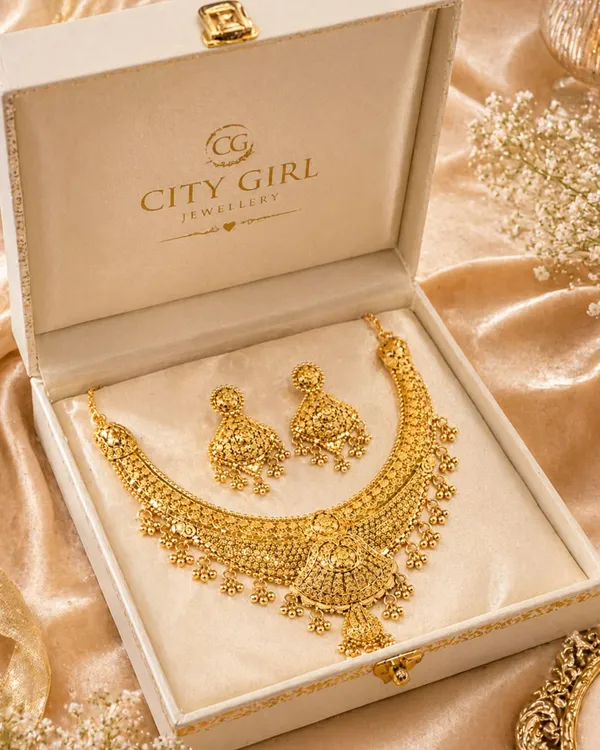 City_Girl_Gold_Plated_Choker_Necklace_Set_With_Earrings_For_Women_Traditional_Bridal_Jewellery_Set_18_Inch_Necklace_5_Cm_Earrings_6_Months_Plating_Guarantee_Gold