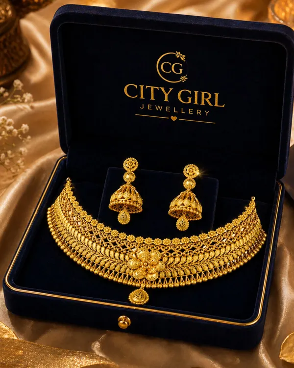 City_Girl_Traditional_Gold_Plated_Bridal_Necklace_Set_With_Jhumka_Earrings_18_Inch_Choker_Necklace_5_Cm_Drop_Earrings_Ethnic_Wedding_Jewellery_Set_For_Women_Gold