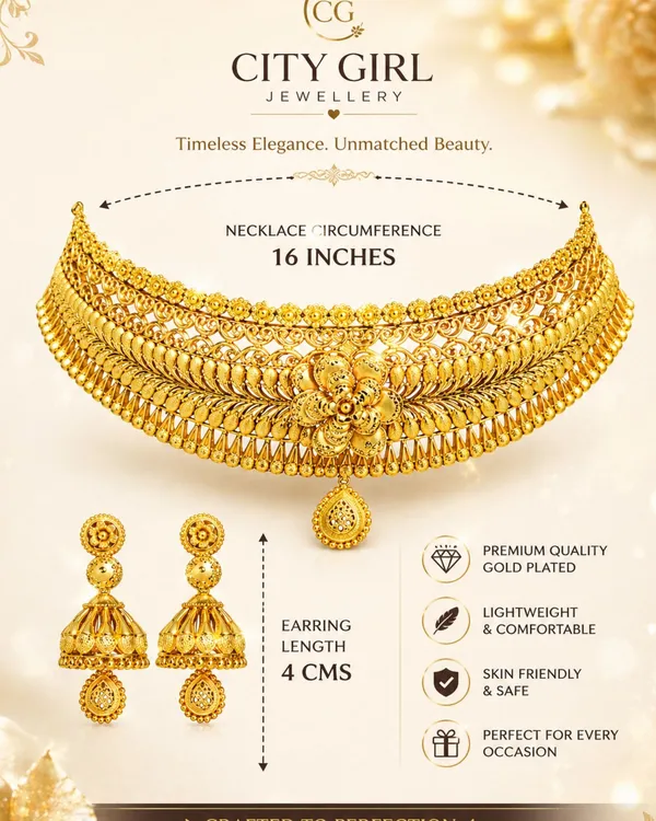 City_Girl_Traditional_Gold_Plated_Bridal_Necklace_Set_With_Jhumka_Earrings_18_Inch_Choker_Necklace_5_Cm_Drop_Earrings_Ethnic_Wedding_Jewellery_Set_For_Women_Gold