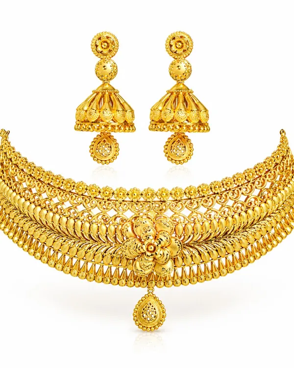 City_Girl_Traditional_Gold_Plated_Bridal_Necklace_Set_With_Jhumka_Earrings_18_Inch_Choker_Necklace_5_Cm_Drop_Earrings_Ethnic_Wedding_Jewellery_Set_For_Women_Gold