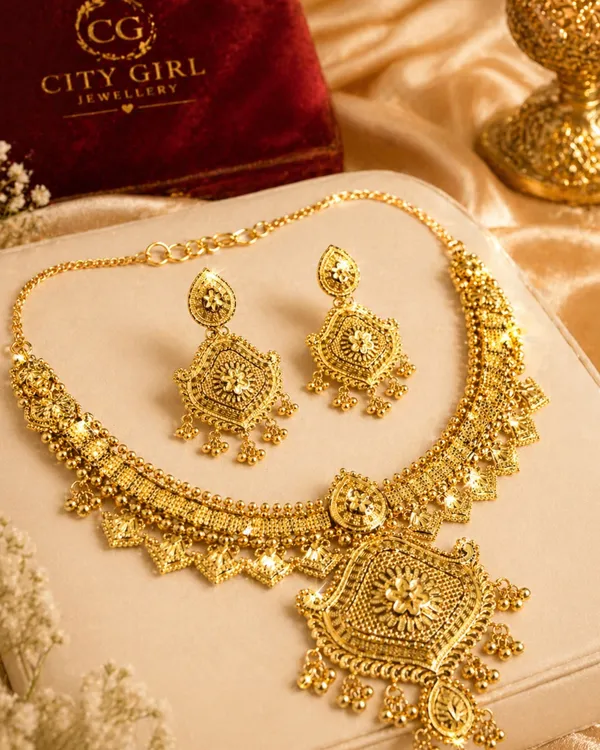 City_Girl_24k_Gold_Plated_Traditional_Necklace_Set_With_Matching_Earrings_Antique_Bridal_Choker_Jewellery_Set_For_Women_Girls_Gold