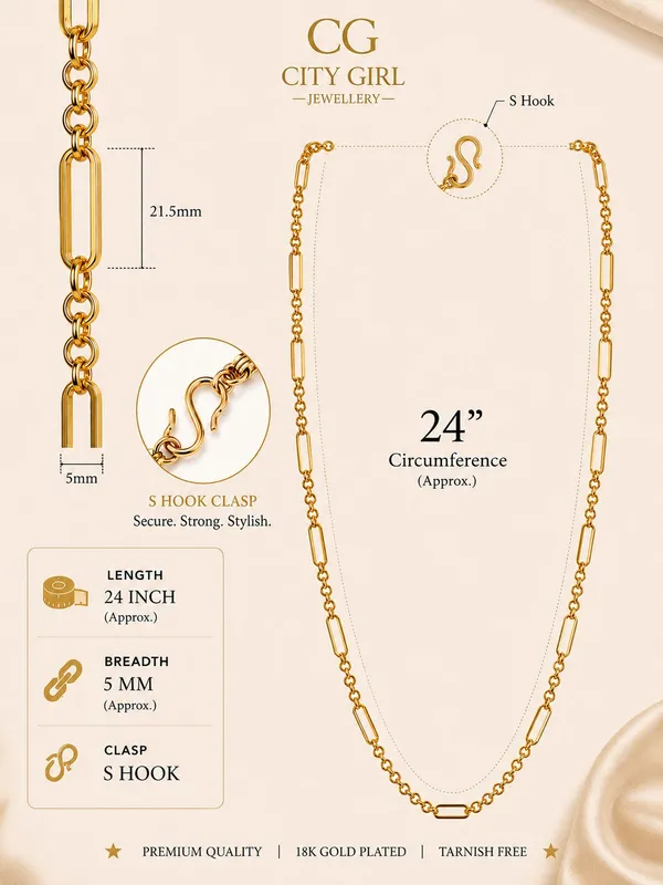 City_Girl_Jewellery_18k_Gold_Plated_20_Inch_24_Inch_Link_Chain_For_Men_Women_5mm_Micro_Gold_Plated_Stainless_Steel_Chain_Anti_Tarnish_Waterproof_Skin_Friendly_Lightweight_Daily_Wear_Necklace