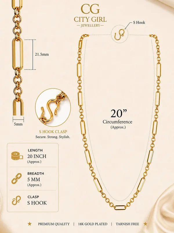 City_Girl_Jewellery_18k_Gold_Plated_20_Inch_24_Inch_Link_Chain_For_Men_Women_5mm_Micro_Gold_Plated_Stainless_Steel_Chain_Anti_Tarnish_Waterproof_Skin_Friendly_Lightweight_Daily_Wear_Necklace