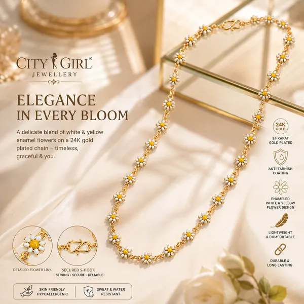 City_Girl_Jewellery_24k_Gold_Plated_White_Yellow_Daisy_Flower_Enamel_Chain_Necklace_For_Women_Default_Title