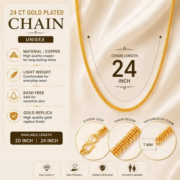 City_Girl_Jewellery_24_Ct_Gold_Plated_Unisex_Chain_For_Men_Women_24_Inch_1mm_Thickness_10_G_Lightweight_Copper_Chain_Skin_Friendly_Gold_Replica_Daily_Wear_Necklace_Default_Title