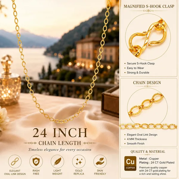 City_Girl_Jewellery_24kt_Gold_Plated_24_Inch_Chain_For_Men_Women_4mm_Oval_Link_Necklace_Lightweight_6g_Gold_Replica_Chain_Copper_Base_Anti_Rash_Daily_Wear_Fashion_Jewellery_Default_Title