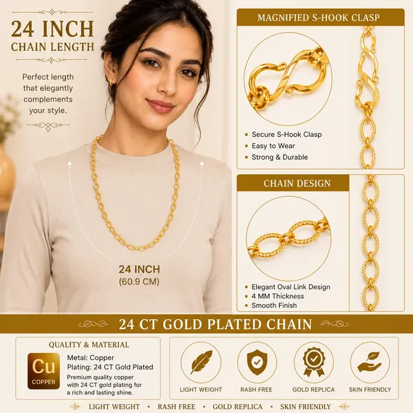 City_Girl_Jewellery_24kt_Gold_Plated_24_Inch_Chain_For_Men_Women_4mm_Oval_Link_Necklace_Lightweight_6g_Gold_Replica_Chain_Copper_Base_Anti_Rash_Daily_Wear_Fashion_Jewellery_Default_Title