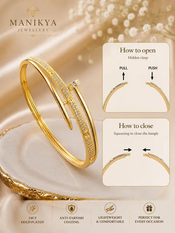 City_Girl_Jewellery_24ct_Gold_Plated_Nail_Bracelet_For_Women_Aaa_Cubic_Zirconia_Studded_Openable_Cuff_Bangle_Anti_Tarnish_Lightweight_Daily_Wear_Fashion_Bracelet_For_Girls_Women_Gift_For_Wife_Sister_Girlfriend_Default_Title