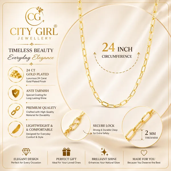 City_Girl_Jewellery_24ct_Gold_Plated_Chain_For_Women_Girls_20_Inch_Lightweight_Copper_Chain_Necklace_Gold_Replica_Daily_Wear_Necklace_Skin_Friendly_Rash_Free_Durable_Fashion_Jewellery_For_Casual_Office_Party_Wear_Default_Title
