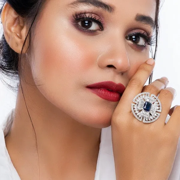 City_Girl_Brass_Rhodium_Plated_Cz_Cocktail_Circle_Ring_Free_Size_Blue_Default_Title