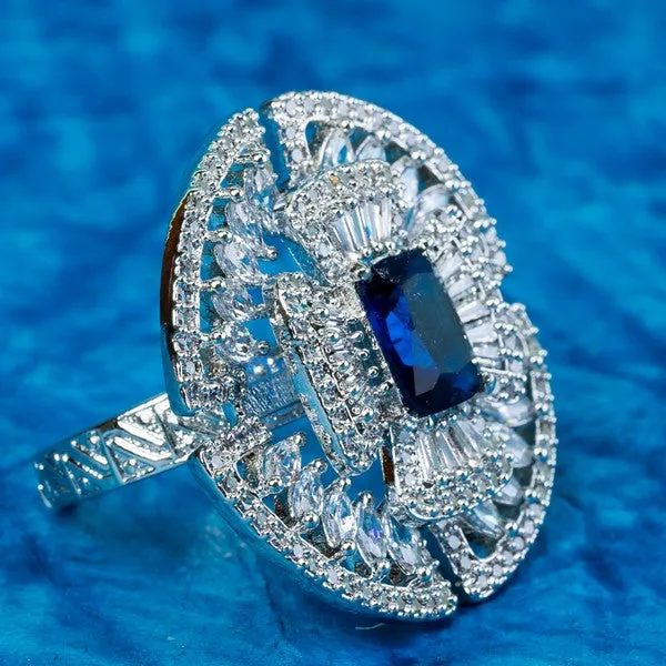 City_Girl_Brass_Rhodium_Plated_Cz_Cocktail_Circle_Ring_Free_Size_Blue_Default_Title