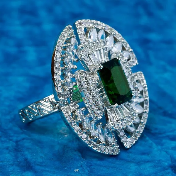 City_Girl_Brass_Rhodium_Plated_Cz_Cocktail_Circle_Ring_Free_Size_Green_Default_Title