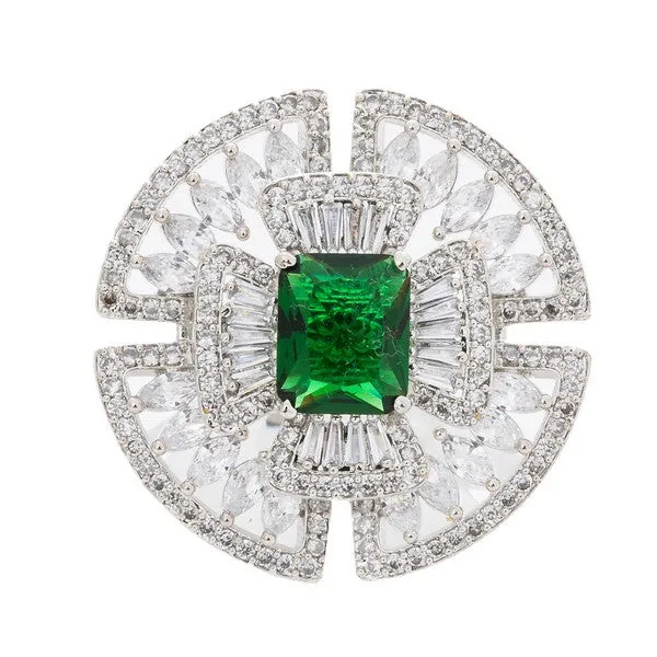 City_Girl_Brass_Rhodium_Plated_Cz_Cocktail_Circle_Ring_Free_Size_Green_Default_Title