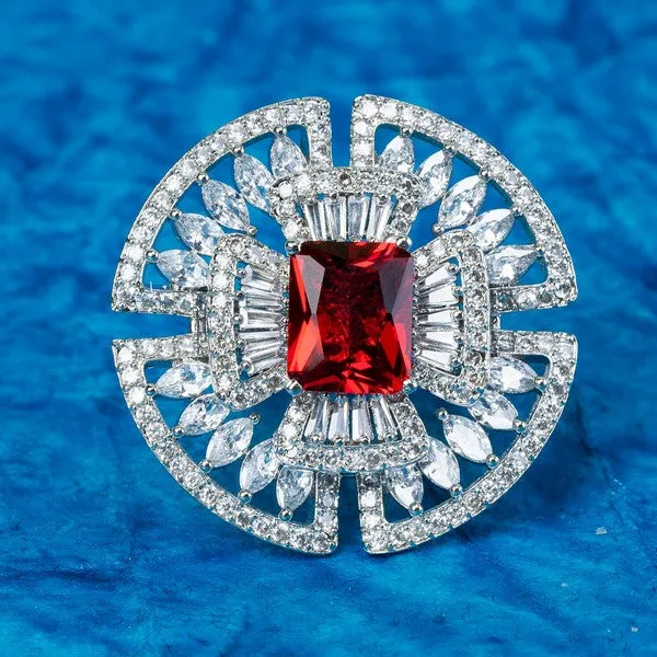 City_Girl_Brass_Rhodium_Plated_Cz_Cocktail_Circle_Ring_Free_Size_Red_Default_Title
