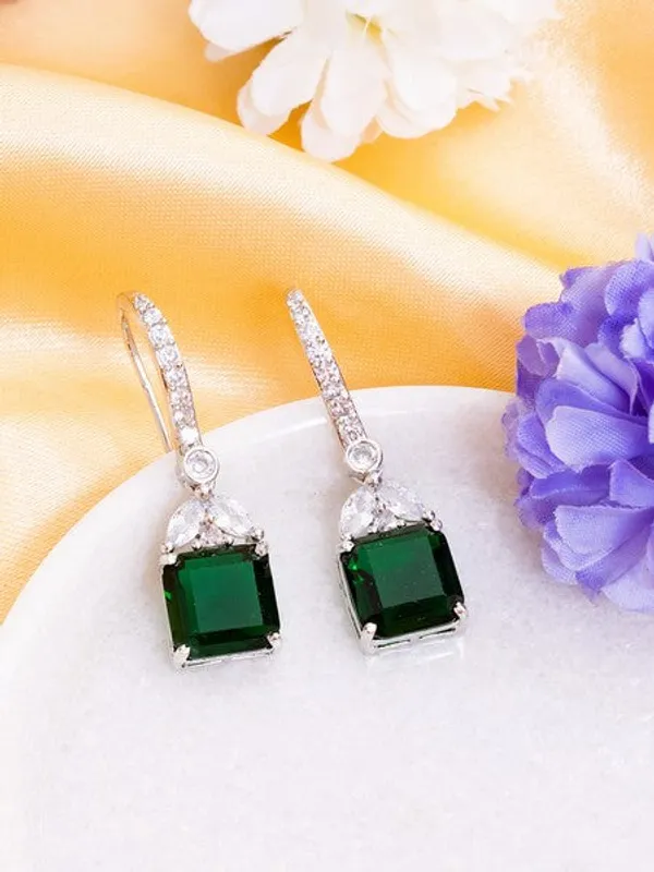 American_Diamond_Rhodium_Plated_Drop_Earrings_With_Hydro_Cz_Stone_Green_Default_Title