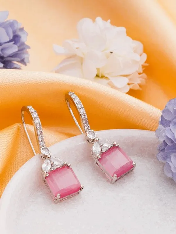 American_Diamond_Rhodium_Plated_Drop_Earrings_With_Hydro_Cz_Stone_Floral_Pink_Default_Title