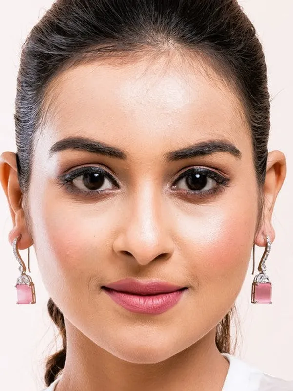 American_Diamond_Rhodium_Plated_Drop_Earrings_With_Hydro_Cz_Stone_Floral_Pink_Default_Title