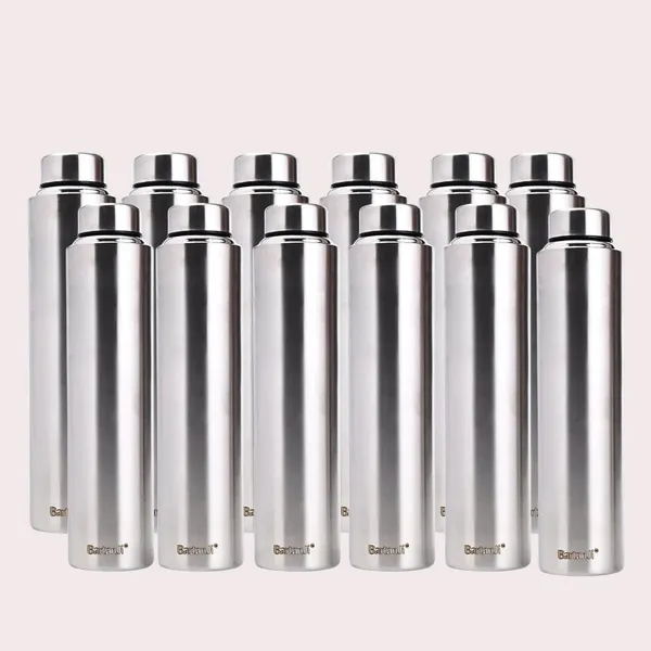 BartanJi_Single_Wall_Stainless_Steel_Fridge_Water_Bottle_Set_1000_ml_Steel_Bottle_(Pack_of_12,_Silver)