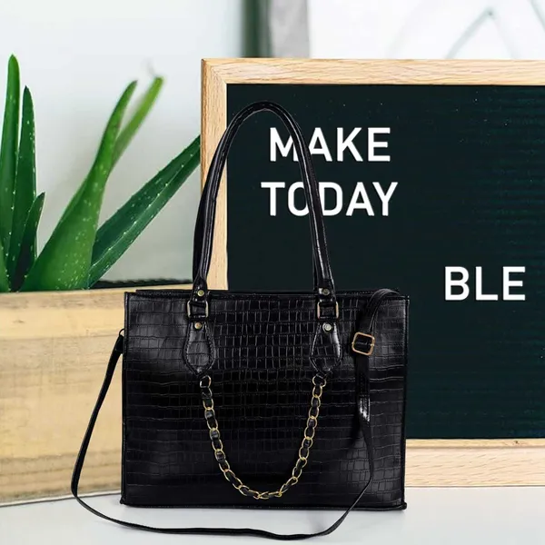 KujrAEnterprise_Croc-Textured_Structured_Laptop_Tote_Bag_for_Women_Waterproof_Shoulder_Bag_(Black,_30_L)