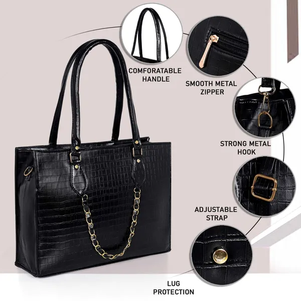 KujrAEnterprise_Croc-Textured_Structured_Laptop_Tote_Bag_for_Women_Waterproof_Shoulder_Bag_(Black,_30_L)
