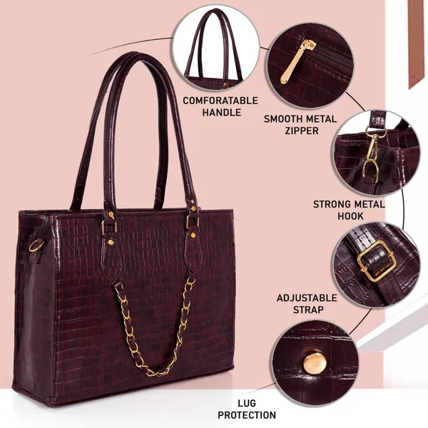 KujrAEnterprise_Croc-Textured_Structured_Laptop_Tote_Bag_for_Women_Waterproof_Shoulder_Bag_(Brown,_30_L)