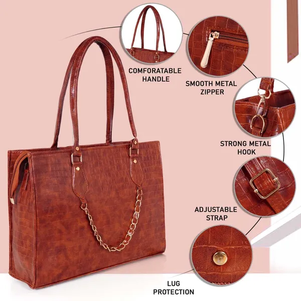 KujrAEnterprise_Croc-Textured_Structured_Laptop_Tote_Bag_for_Women_Waterproof_Shoulder_Bag_(Tan,_30_L)