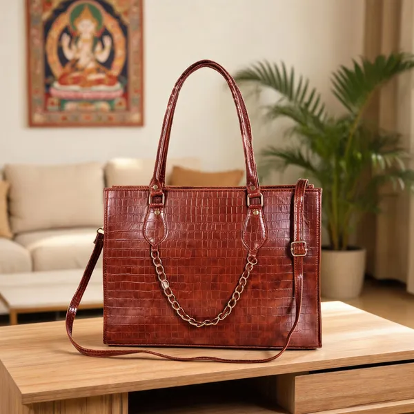 KujrAEnterprise_Croc-Textured_Structured_Laptop_Tote_Bag_for_Women_Waterproof_Shoulder_Bag_(Tan,_30_L)