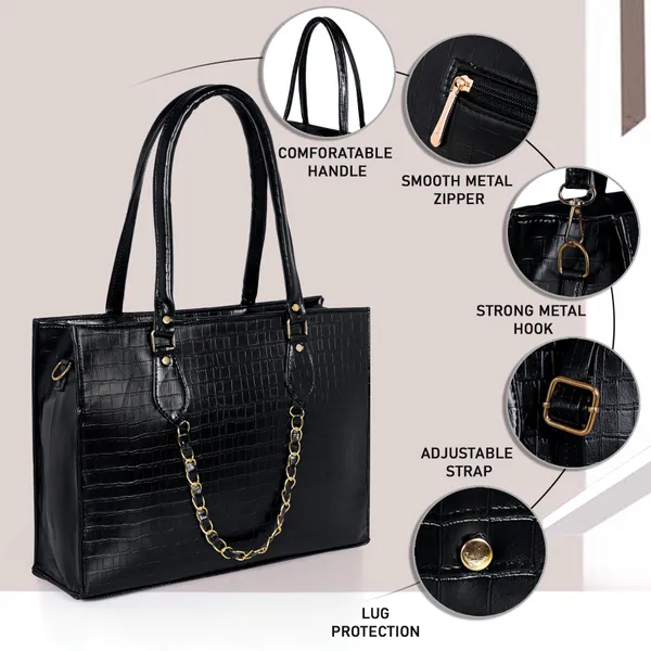 KujrAEnterprise_Croc-Textured_Structured_Laptop_Tote_Bag_for_Women_Waterproof_Shoulder_Bag_(Black,_30_L)