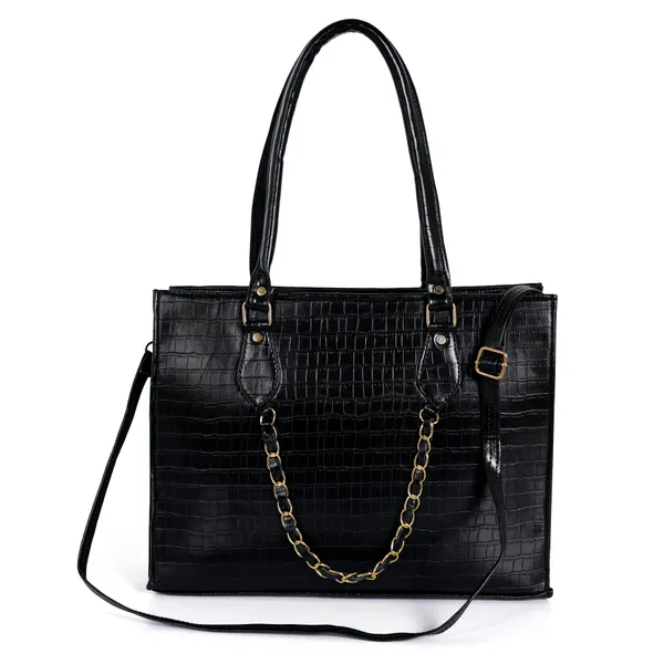 KujrAEnterprise_Croc-Textured_Structured_Laptop_Tote_Bag_for_Women_Waterproof_Shoulder_Bag_(Black,_30_L)