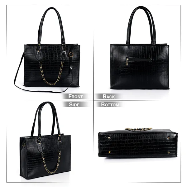 KujrAEnterprise_Croc-Textured_Structured_Laptop_Tote_Bag_for_Women_Waterproof_Shoulder_Bag_(Black,_30_L)