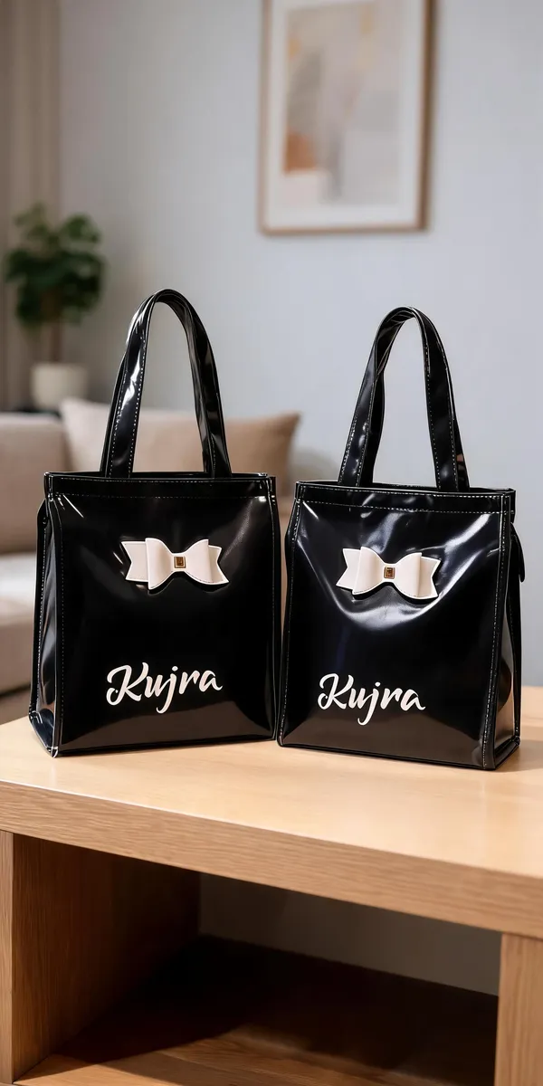 KujrAEnterprise_Stylish_Women’s_Tote_Handbag_with_Bow_Design_|_Glossy_Finish_Shoulder_Bag_Waterproof_Shoulder_Bag_(Black,_30_L)_-_Pack_of_2