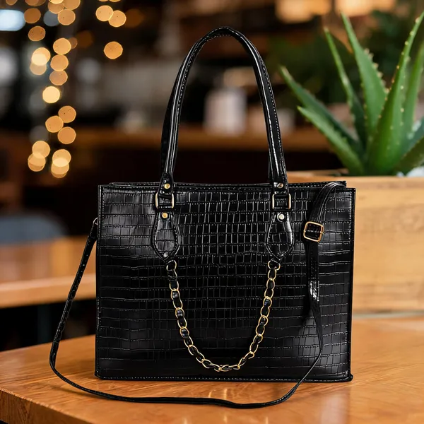 KujrAEnterprise_Croc-Textured_Structured_Laptop_Tote_Bag_for_Women_Waterproof_Shoulder_Bag_(Black,_30_L)