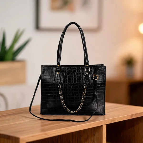 KujrAEnterprise_Croc-Textured_Structured_Laptop_Tote_Bag_for_Women_Waterproof_Shoulder_Bag_(Black,_30_L)