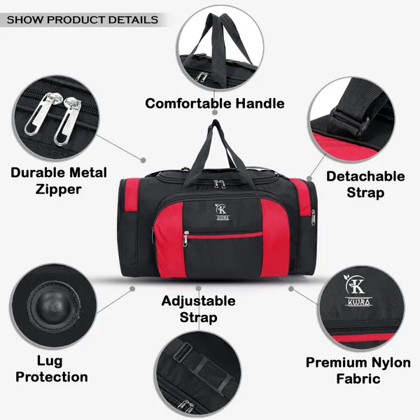 KUJRA_Large_Travel_Duffle_Bag_with_Wheels_|_Water-Resistant_Luggage_Suitcase_for_Men_&_Women_|_Lightweight_Weekend_Overnight_Cargo_Bag_with_Shoulder_Strap_(Black_&_Red)