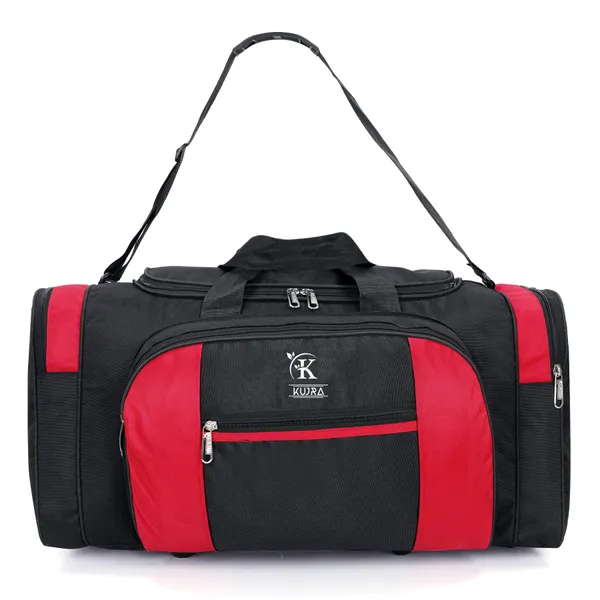 KUJRA_Large_Travel_Duffle_Bag_with_Wheels_|_Water-Resistant_Luggage_Suitcase_for_Men_&_Women_|_Lightweight_Weekend_Overnight_Cargo_Bag_with_Shoulder_Strap_(Black_&_Red)