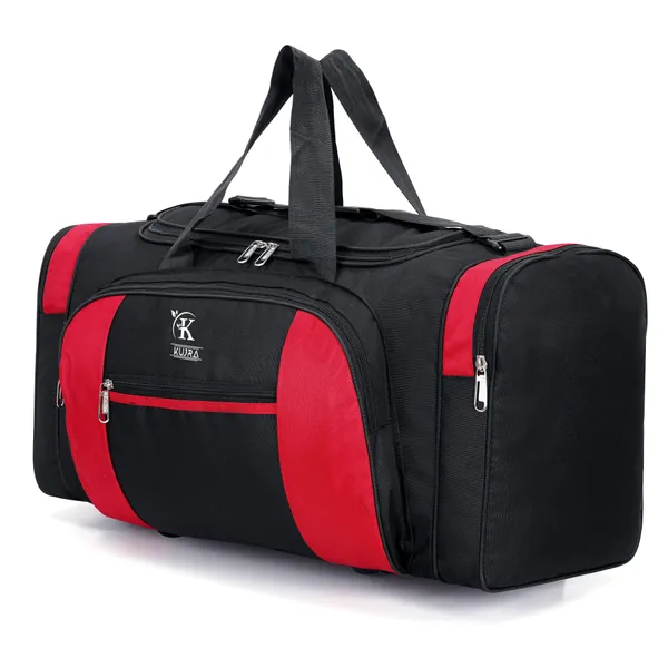 KUJRA_Large_Travel_Duffle_Bag_with_Wheels_|_Water-Resistant_Luggage_Suitcase_for_Men_&_Women_|_Lightweight_Weekend_Overnight_Cargo_Bag_with_Shoulder_Strap_(Black_&_Red)